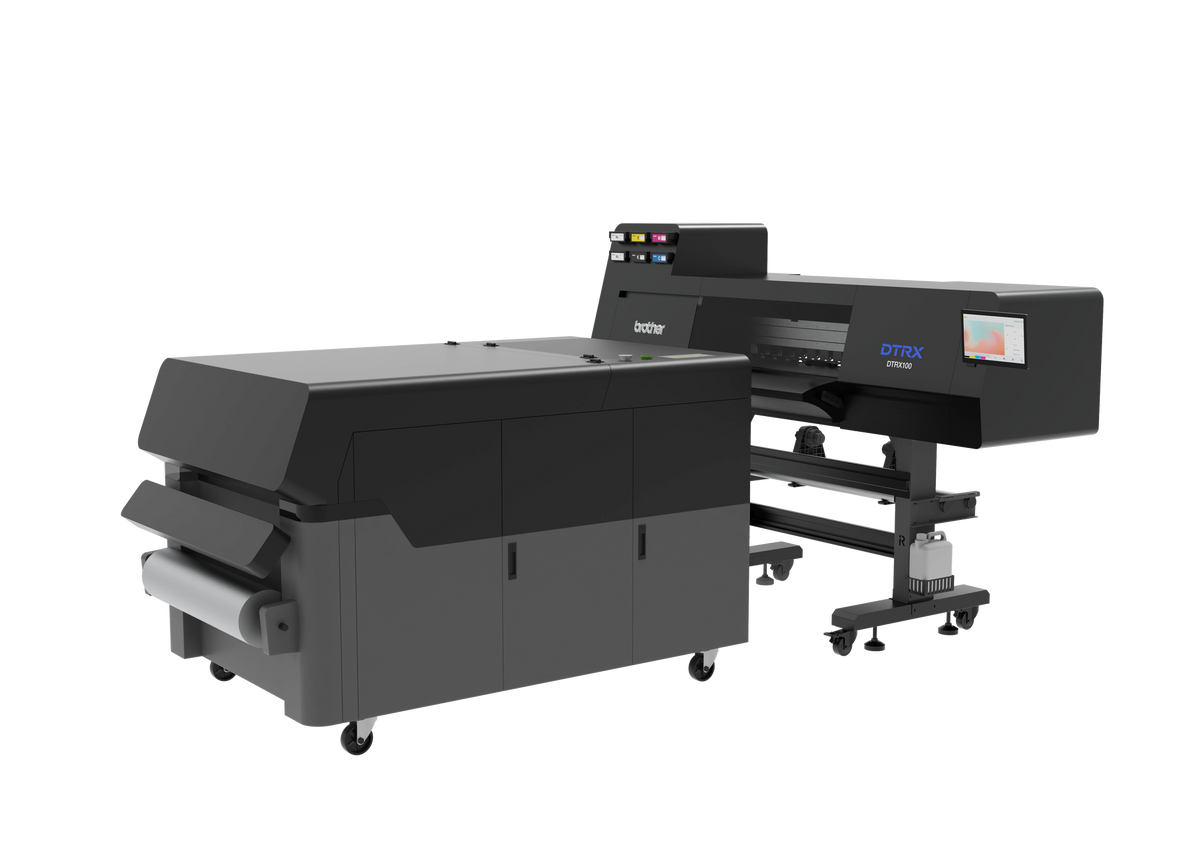 Brother DTRX100 DTF printer and curing unit, 60-degree left view