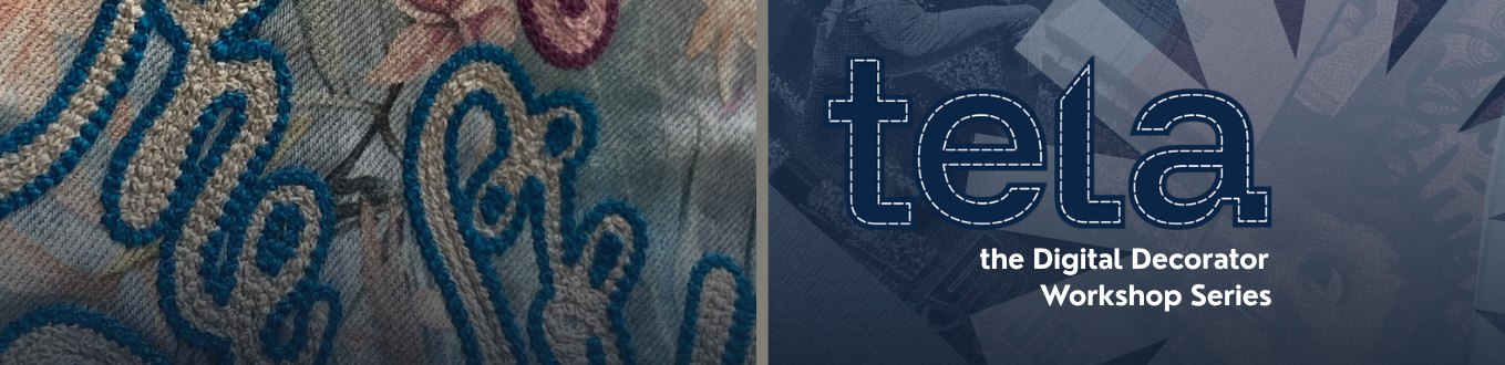Tela, the apparel decorators playbook. Workshop series covering DTG, DTF, TPU, embroidery, chenille, laser applique, cording and Coloreel. Amazing apparel decorators aren't born, they're trained. Fern Padilla. Presented by garmentprinter.com.